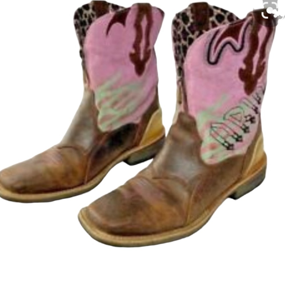 ARIAT women leather cowgirl boots Sz 7.5 pink brown fun animal print lining